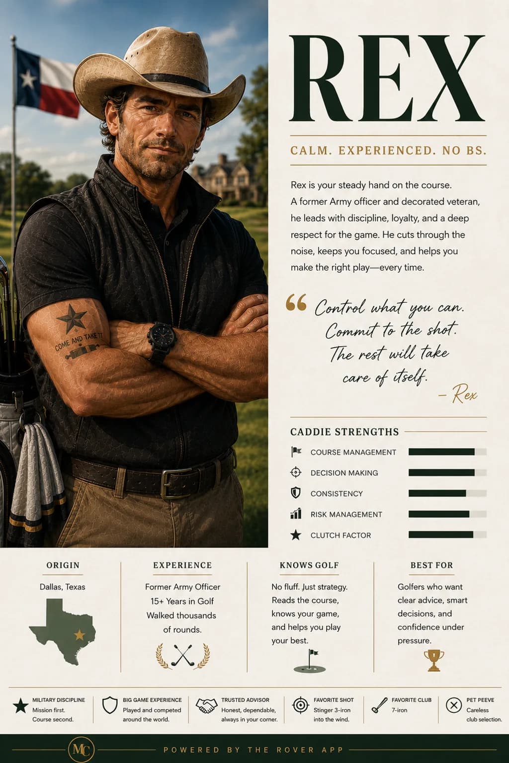 Rex caddie card — Calm · Experienced · No BS