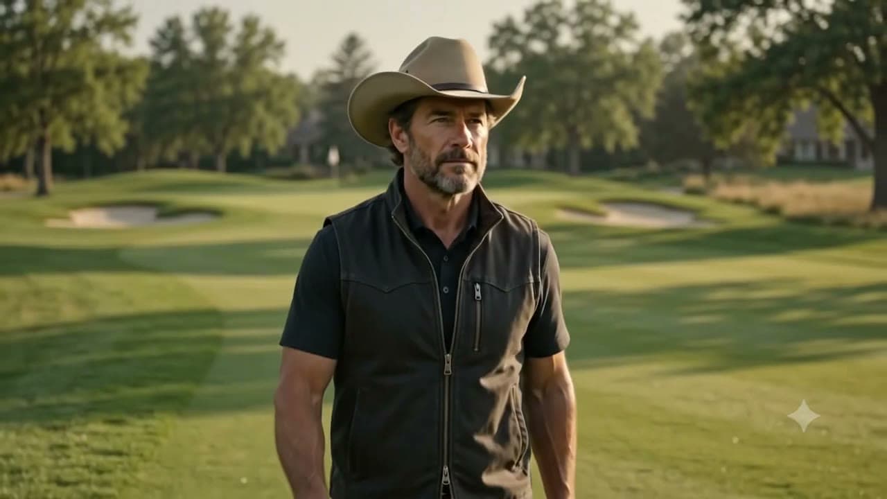 A member walking the fairway with Rover carrying the bag