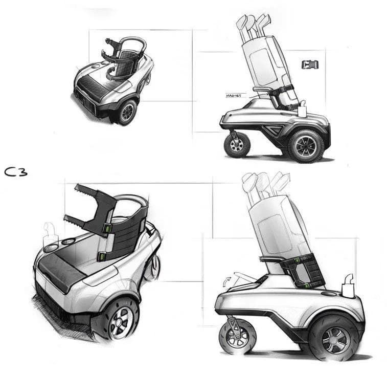 Original Tempo Walk industrial design sketches showing the caddie from multiple angles