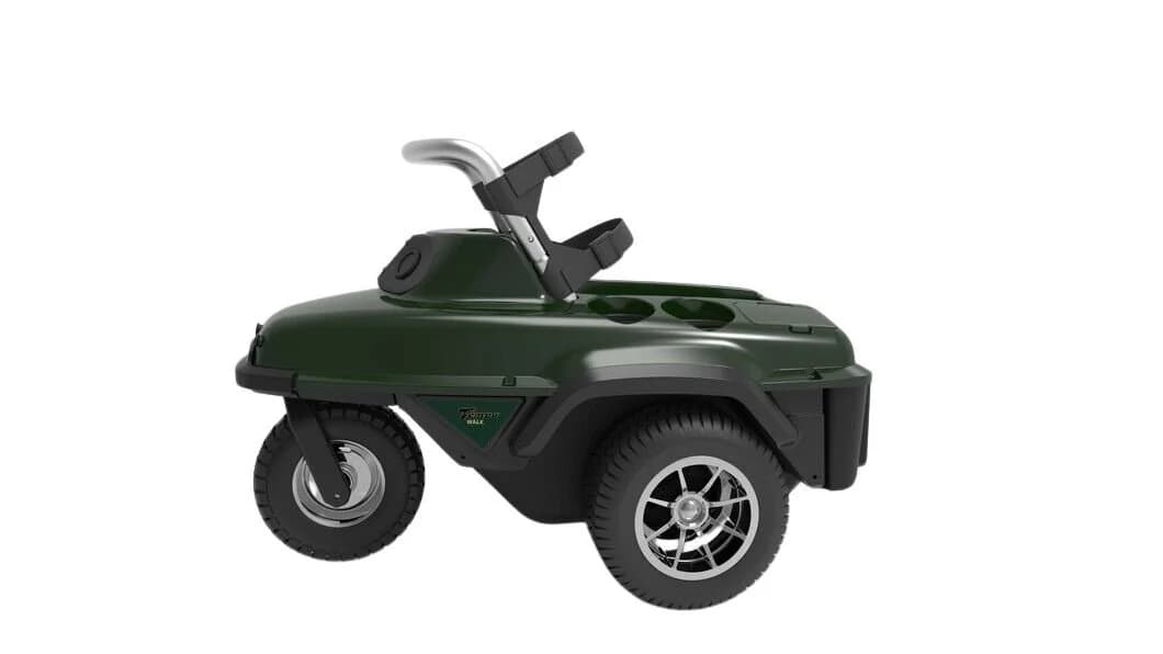 A black Rover 3.0 robotic caddie loaded with a golf bag beside a lake